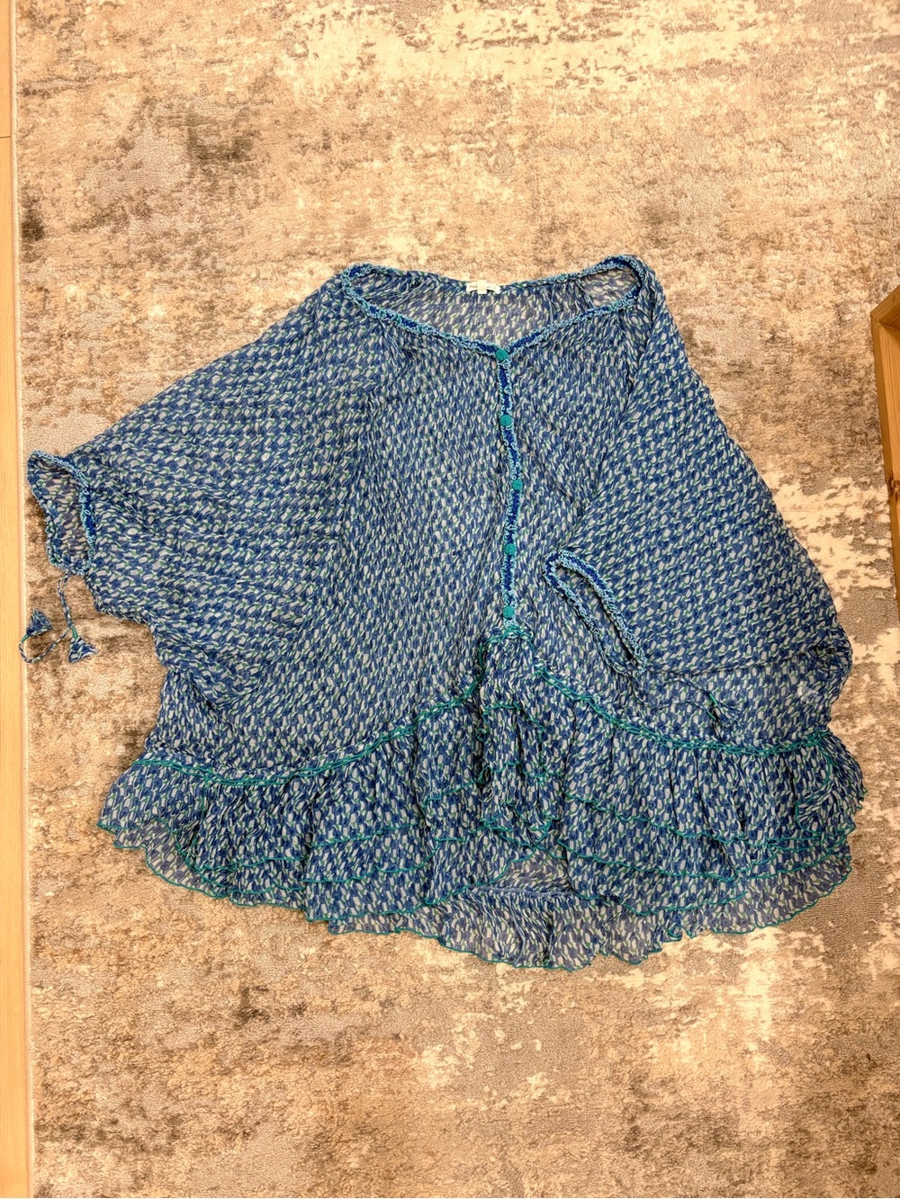Poupette St. Barth Blue Knit Ruffle-Hem Tie Sleeve Tunic